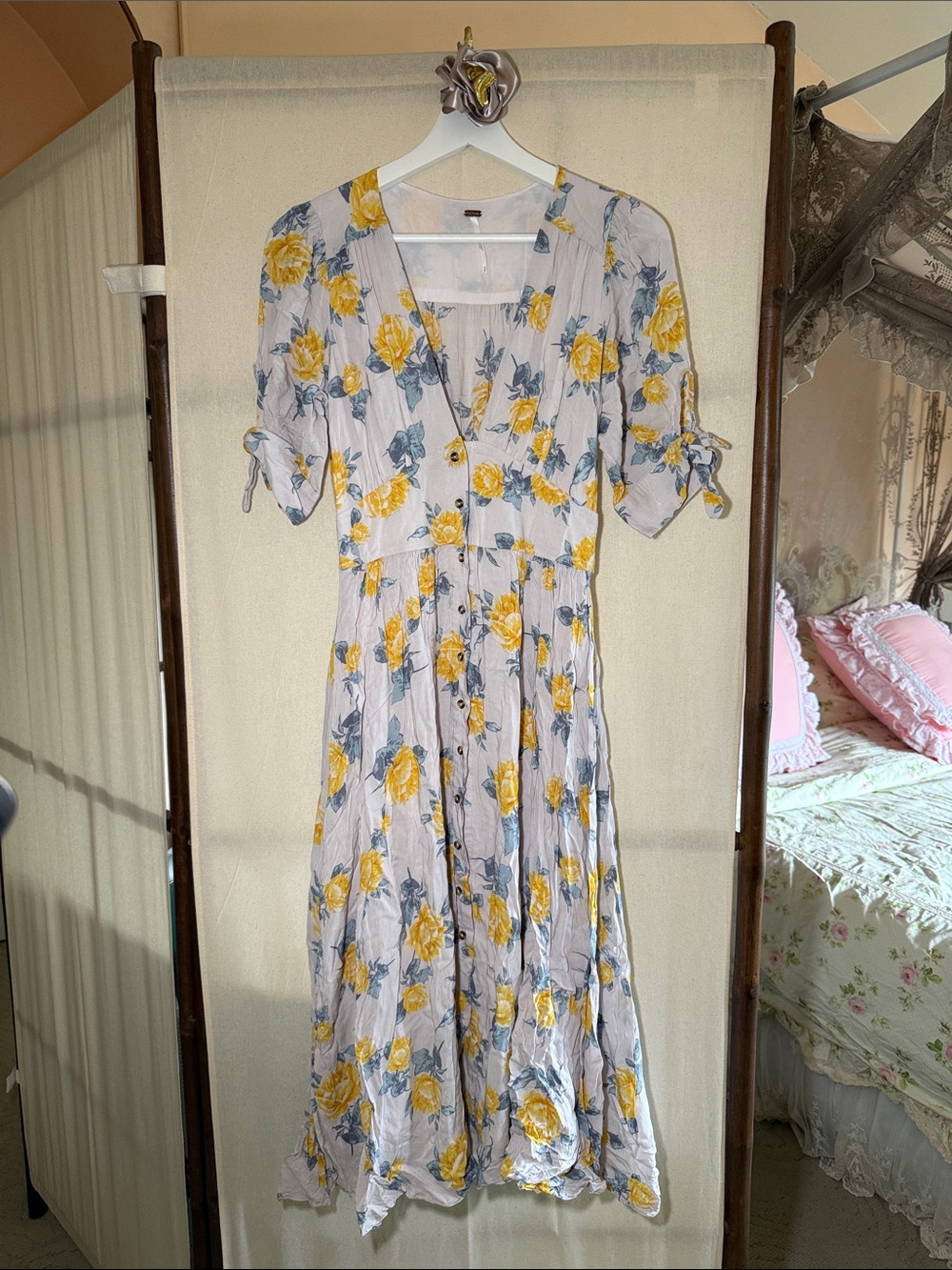 Free People light grey Maxi Dress with Yellow Rose Print